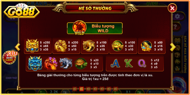 4 Thần Thú Go88 - Hành Trình Săn Jackpot Tứ Linh Huyền Bí 2 Wild là biểu tượng có khả năng thay thế phần lớn các biểu tượng khác